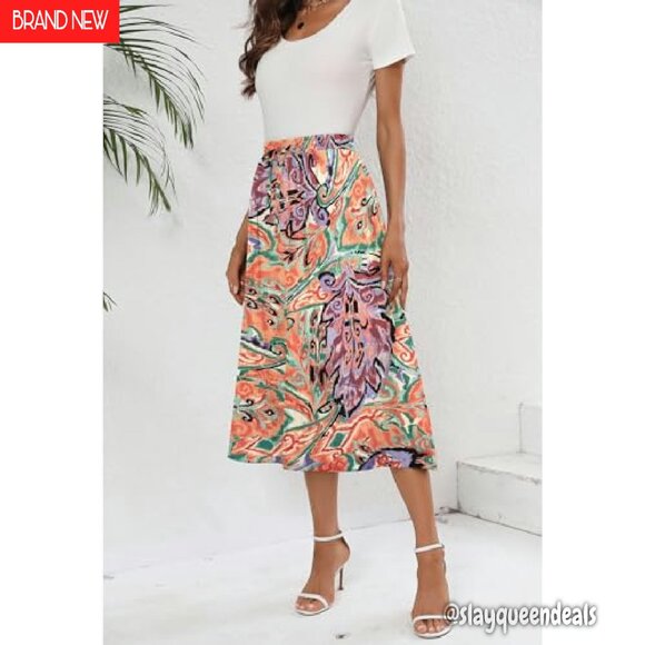 Boho Midi Skirt with Pockets High Waisted A-Line Summer Beach Cover Up - Picture 6 of 7